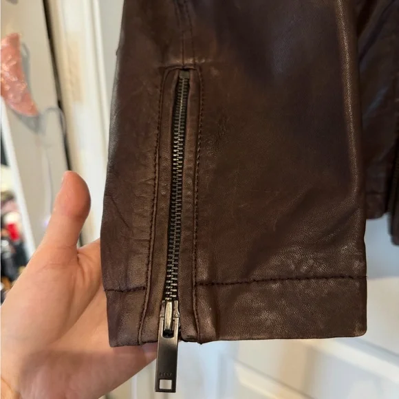 DKNY Dark Brown 100% Lamb Leather Biker Jacket